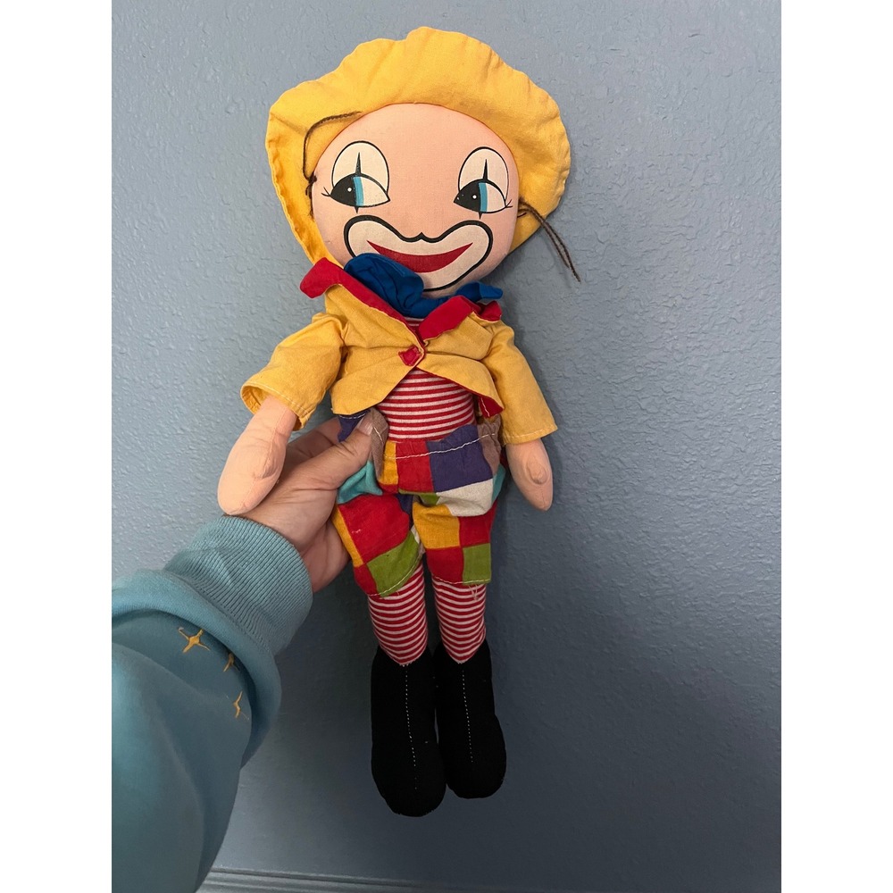 Vintage Handmade‎ Cloth Clown Doll Patchwork Pants Yellow Hat Striped Leggings